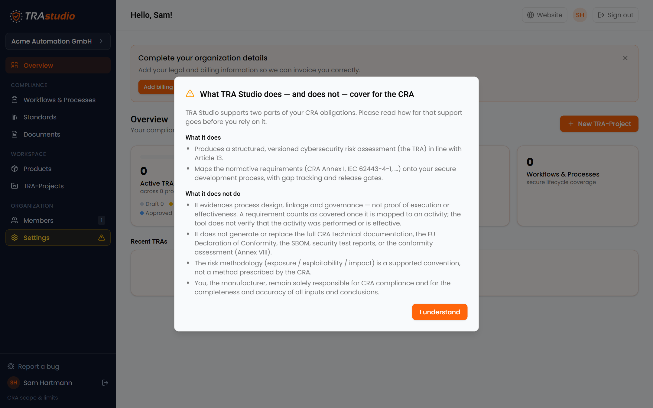 The first-use notice: what TRA Studio covers for the CRA, and what it does not