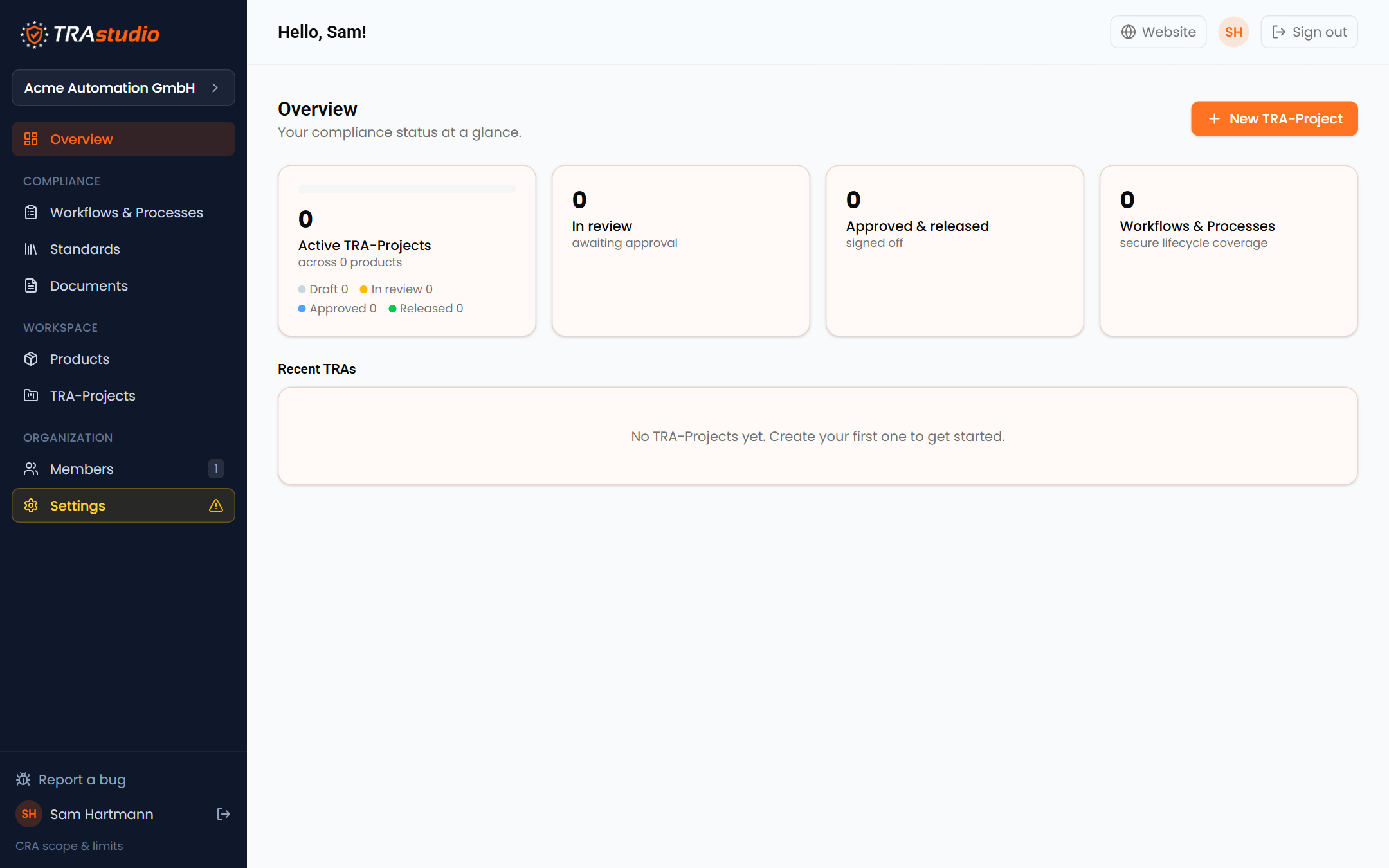 The overview of an empty workspace, with no TRA projects yet