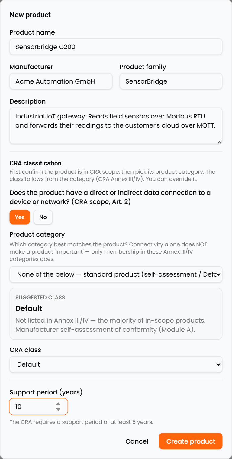 The new-product dialog, filled in, with the CRA classification set to Default