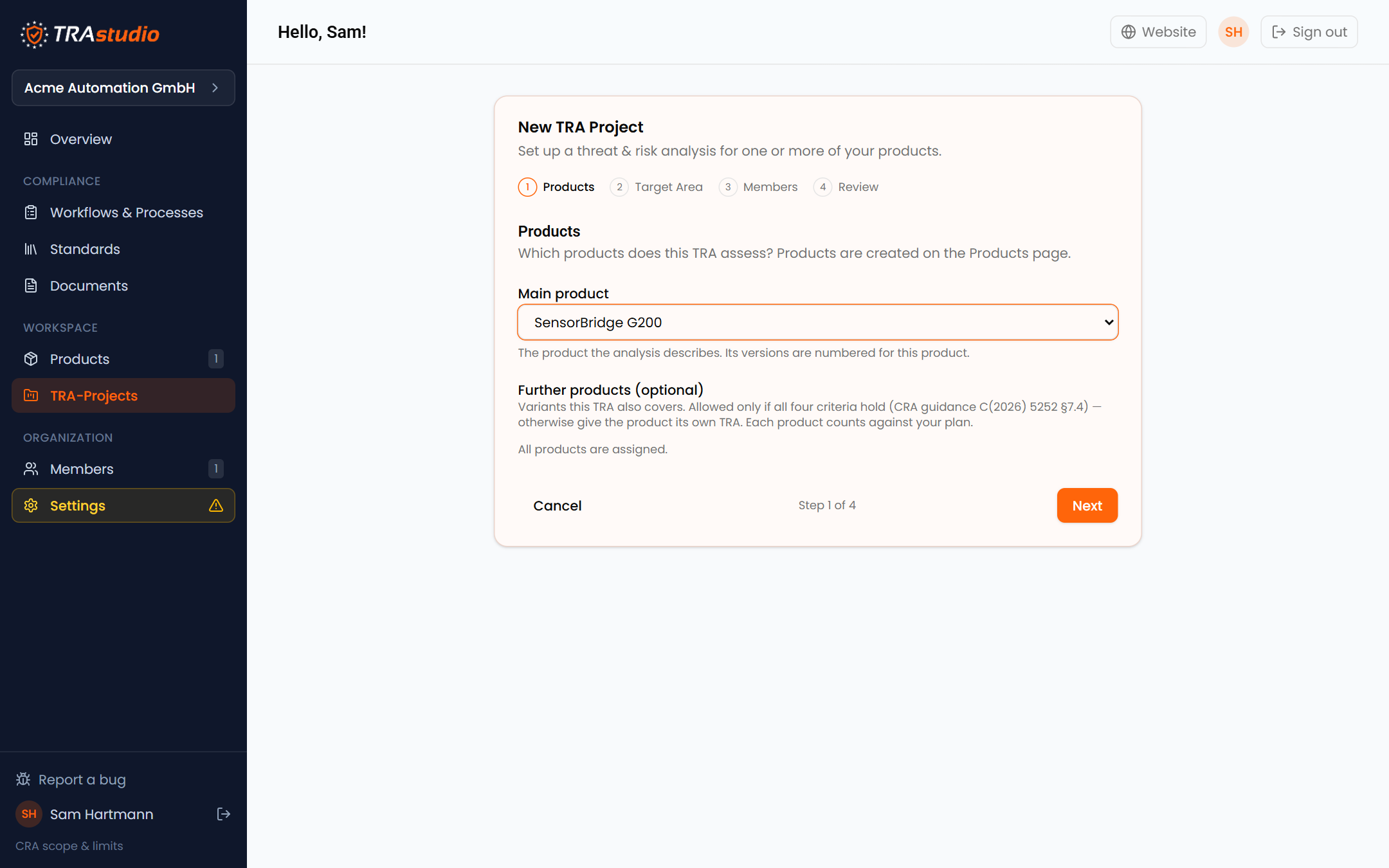 Step 1 of the wizard: choosing the main product for the TRA