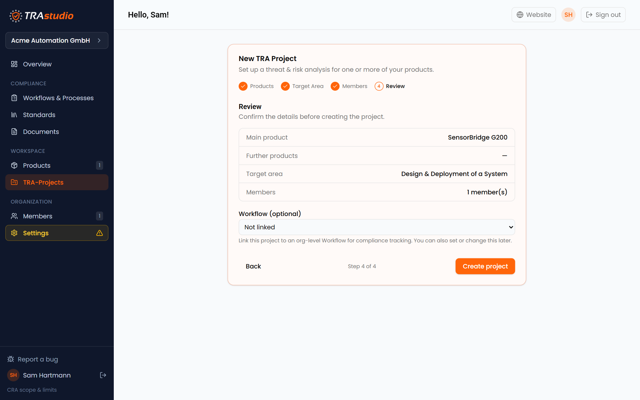 Step 4 of the wizard: the review summary before the project is created