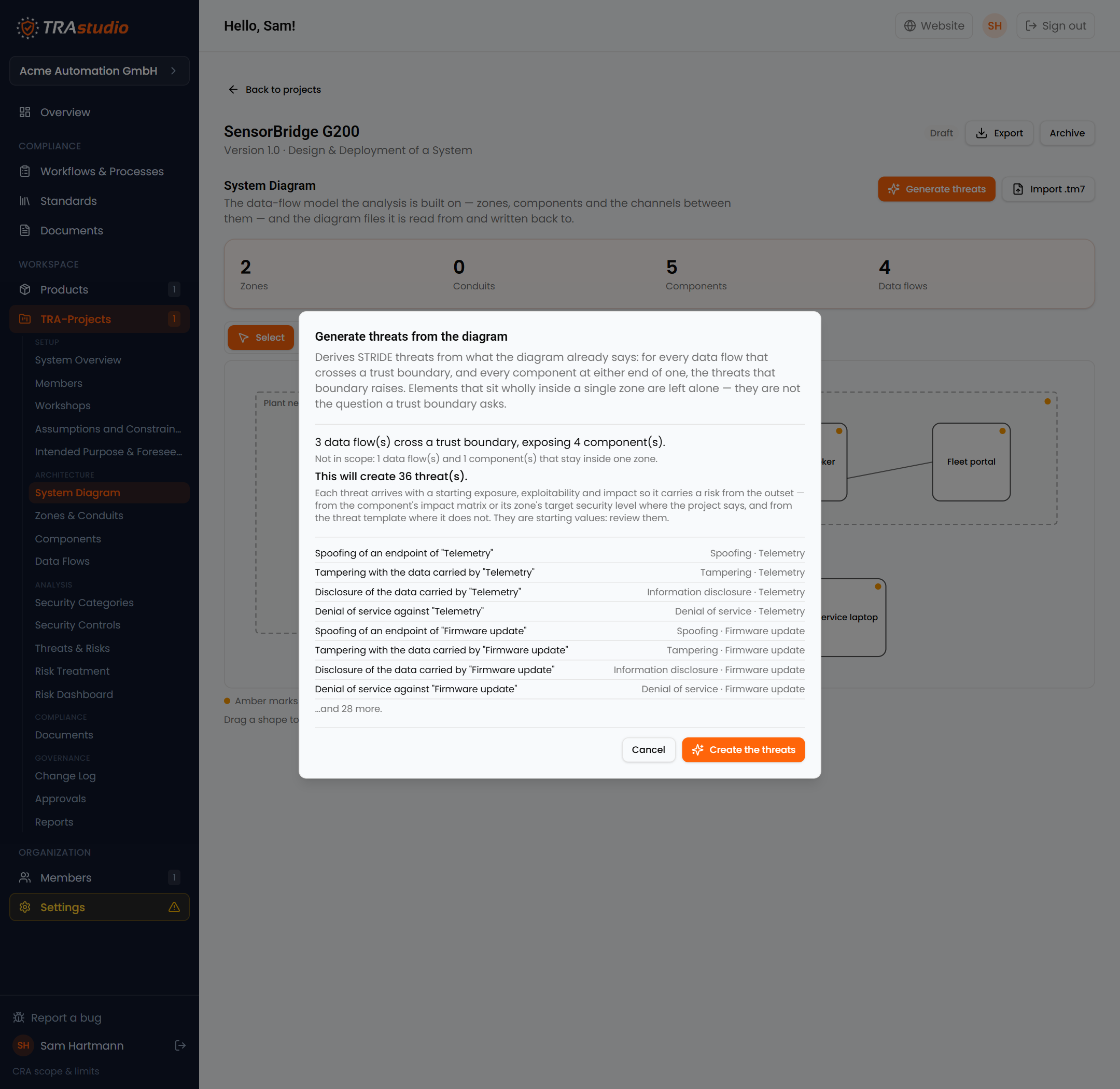 The STRIDE generation dialog listing what it would create from the diagram