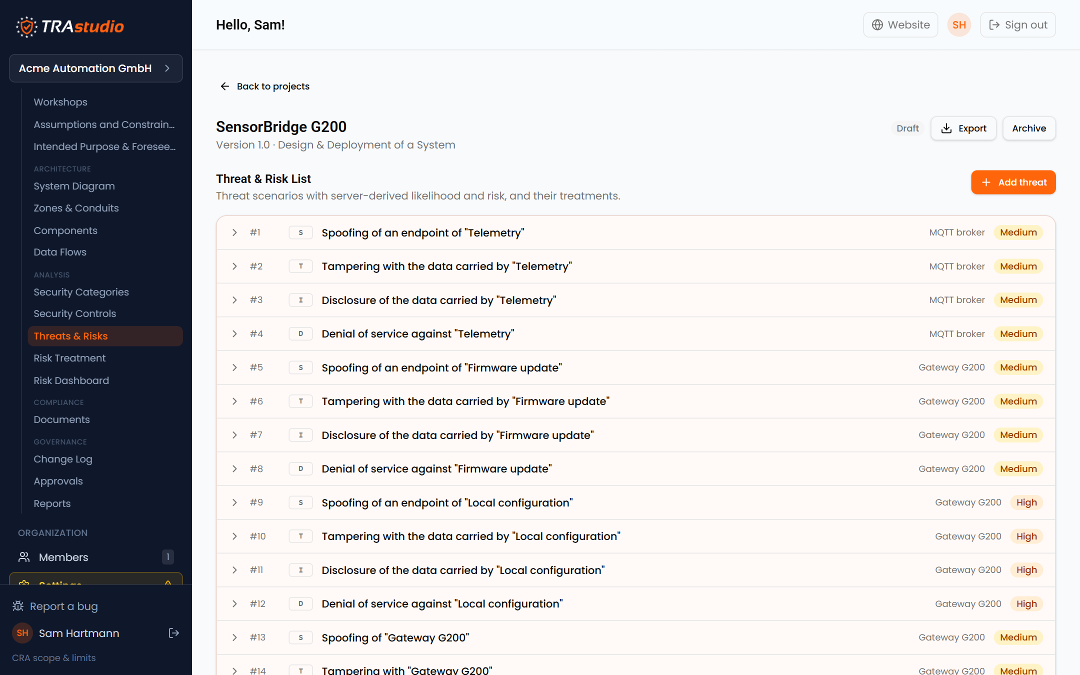 The generated threat list, each row with its STRIDE letter and risk