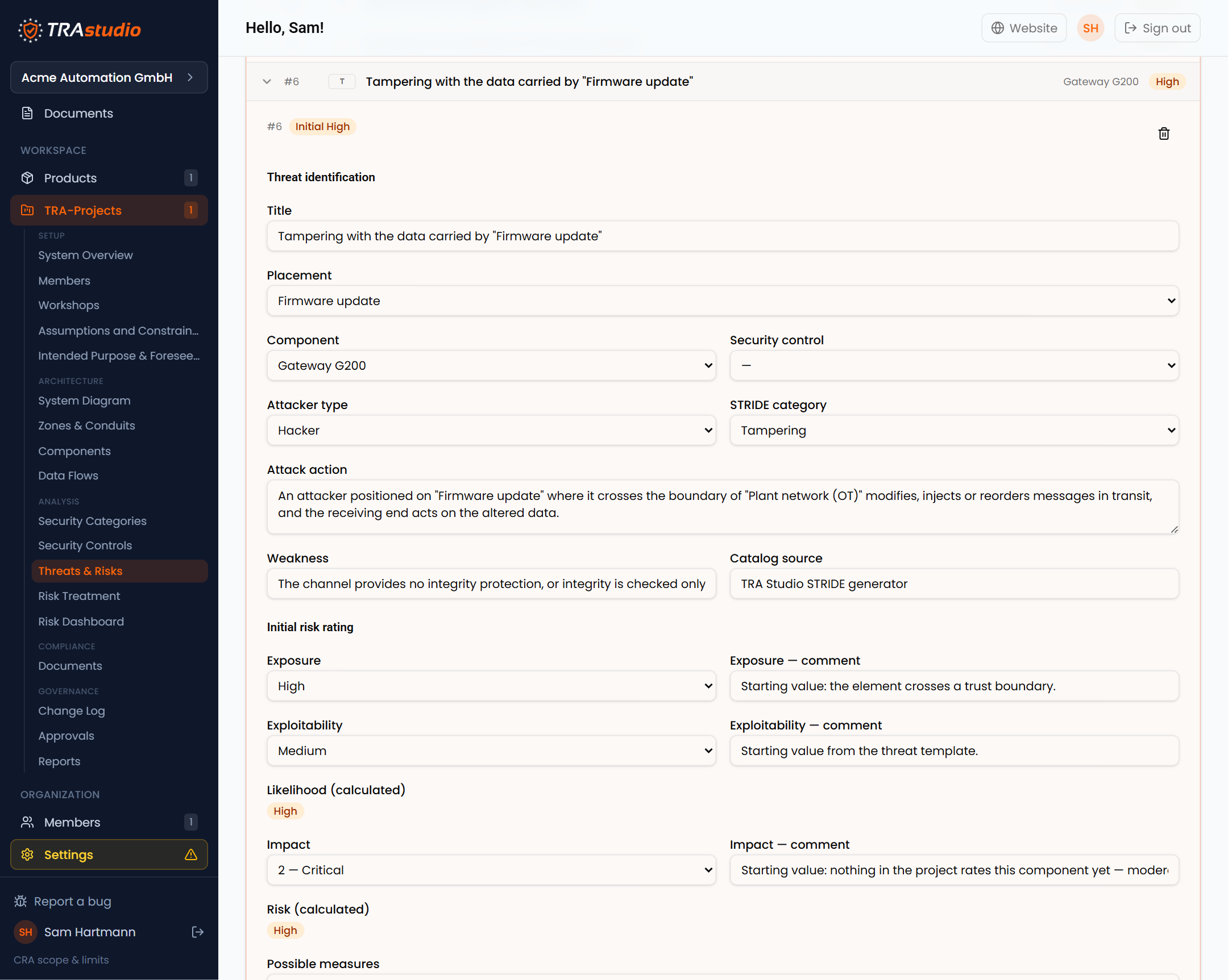 A threat opened for rating, with exposure, exploitability and impact set and the risk computed as High