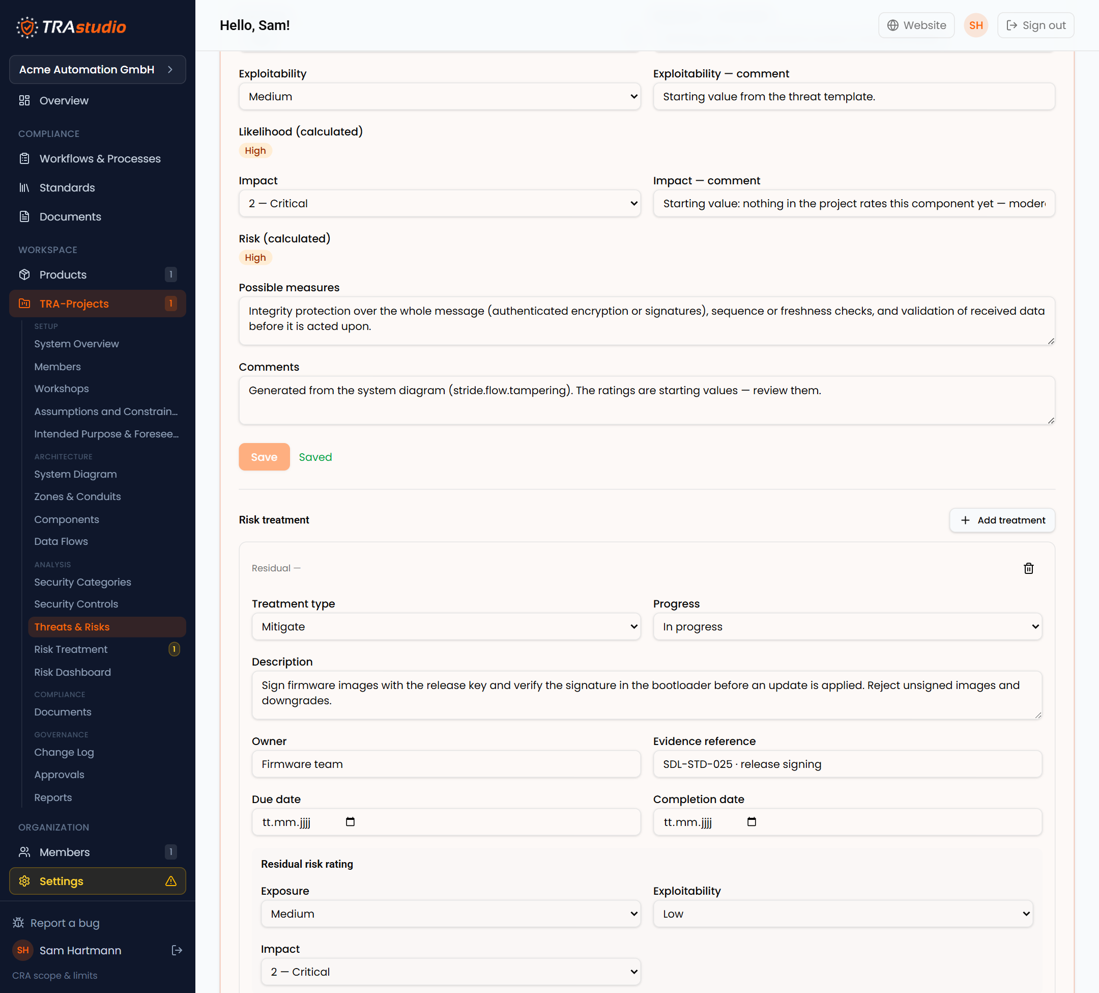 The treatment form, filled in with a signed-firmware mitigation and its residual rating